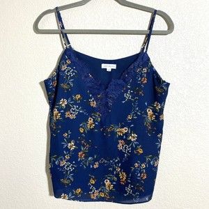 Socialite Womens Tank Top Size Large Floral Blue Lace Trim Lined